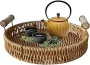 Rattan Round Tray,Coffee Table Basket - Rattan Serving Tray with Handle, Wicker Serving Baskets for Organizing Tabletop Bathroom Kitchen Counter