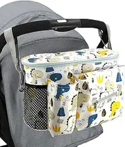 Universal Baby Stroller Organizer with Insulated Cup Holder & Adjustable Straps Pram Bag for Buggy Handlebar Fits Most Strollers (White)