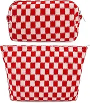 SOIDRAM 2 Pieces Makeup Bag Large Checkered Cosmetic Bag Capacity Canvas Mix Travel Toiletry Bag Organizer Cute Makeup Brushes Aesthetic Accessories Storage Bag for Women, Red, Red