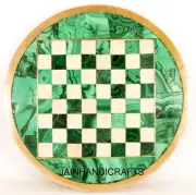 18'' White Marble Table Top Chess Board Malachite Green Inlay Pattern Beautiful