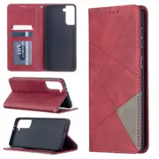 For Samsung Galaxy S21+ Plus Case Rhombus Texture Folio Magnetic PU Leather Wallet Cover, Kickstand, Red