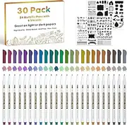 30 Pack Metallic Marker Pens, Lineon 24 Colors Fine Tip Paint Pens with 6 Stencils for DIY Craft Photo Album Rock Art Painting Card Making Glass Wood