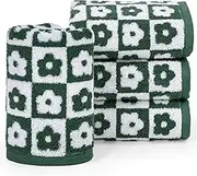 Jacquotha Hand Towels for Bathroom Checkered Floral - Set of 4 Soft Cotton Terry Towel for Kitchen Spring Decor Spa Gym Gifts 13” x 29”, Forest Green