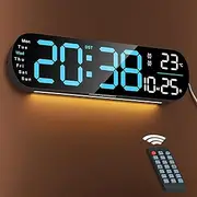 Digital Wall Clock, Necomi 14'' LED Digital Alarm Clock with 8 Color Ambient Light, Digital Wall Clock with Remote Control for Living Room, Day/Date/Temperature Display, Auto Brightness