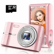 Digital Camera 50MP FHD 1080P Video 16X Zoom Autofocus Anti Shake Compact Portable with 2000s Vibe 32GB SD Card Pink
