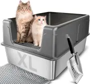 Cat Litter Box Stainless Steel Extra Large Cat Little Tray with Lid for Big Cats