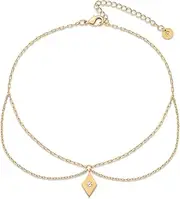 [PAVOI] 14K Gold Plated Charm Link Flat Anklets for Women | Dainty Cubic Zirconia Boho Festival Adjustable Gold Anklets