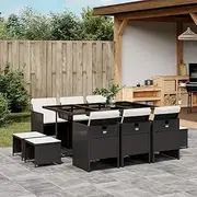 11 Piece Garden Dining Set with Cushions Black Poly Rattan,Outdoor Furniture Sets-3210606