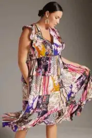 Anthropologie Ruffled Patchwork Midi Dress Ruffle Flounce Size 2 NWT 198$