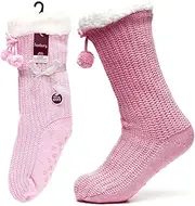 [Sterling Sports] Ladies Lounge Socks for Women with Lurex, Pom Pom & Sherpa Lining, Warm, 4-7 UK, Pink, M