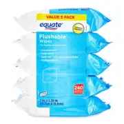 Equate Flushable Wipes, Fresh Scent, 5 packs of 48 wipes, 240 Total Wipes