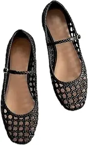 [Atsroel] Woven Flats for Women Comfortable Black Flat Shoes Square Toe Mesh Shoes Woven Buckle Strap Mary Janes Dressy Casual Ballet Flats
