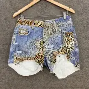 NEW One Teaspoon Shorts Womens 26 Blue Denim Leopard Print High Waist Cut 726