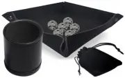 (6) 16mm Pearlized Silver Grey Dice Black Pips w/Pouch + Rolling Tray + Dice Cup