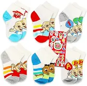 Socks for Toddler Boys, Girls 2T-4T - Bundle of 6 Pairs of No Show Socks Sizes 4-7 Plus Stickers | Cocomelon Accessories for Kids and Babies, Multicolor, 4-7