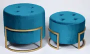 Premium set of 2 round nesting ottomans cobalt velvet