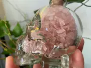 92mm Awesome Madagascar Pink ROSE QUARTZ Filled SKULL Crystal Glass Bottle L1360