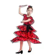 Girls Spanish Flamenco Dance Dress Kids Halloween Party Spain Flamenco Dance Dresses Costume With Belt Head Flower Fan XS(100-110cm)