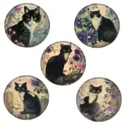 SET OF 5 Tuxedo Cat Magnets Flower Garden Vintage Art Prints Button Style 1.25"