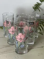Vintage Pasabahce Crystal Glassware Set Of 6 Pink Flower Barware Tumbler NEW
