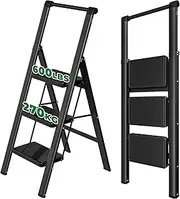 YOUTHCLUB 3 Step Ladder, 550 lbs Folding Step Stool with Handgrip, Foldable Steel Step Stool with Wide Anti-Slip Pedal, Portable Steel Ladder with Handle for Kitchen& Household, Black