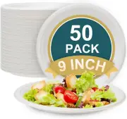 100% Compostable Disposable Paper Plates Bulk [9" 50 Pack], Bamboo Plates, Eco F
