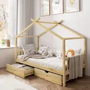 Oikiture Bed Frame Wooden Single Timber House Frame Storage Drawers TOMI