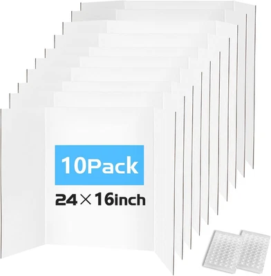 10 Pack Small Trifold Poster Boards, 24" X 16" White Poster Board with 128 Stick