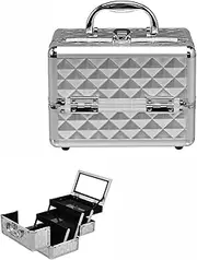 Cosmetic Beauty Case, Portable Lockable Makeup Jewelry Organizer, Travel Makeup Storage Box w/Mirror, Diamond Rose Gold, for Home Travel Gift (Silver)
