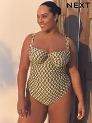 Khaki Green/Cream Foil Woodblock F-K Underwired Tummy Control Swimsuit (AJ4743) | $116
