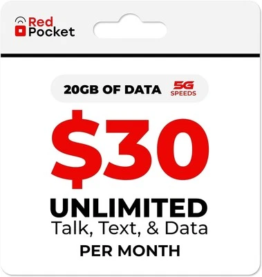 RedPocket Mobile Plan with Unlimited Talk, Text & Data - Expanded 20GB...