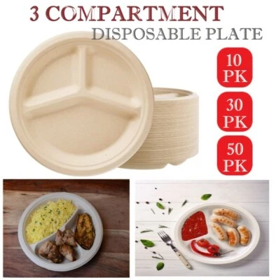 3 Compartment Eco-Friendly Plate 225mm Durable Disposable Party Plate 10/30/50PK