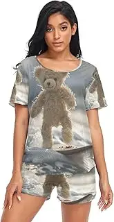 [RPLIFE] Teddy Bear Surfing Pajama for Women Set, Women Summer Lounge Set, Teddy Bear Surfing, X-Large
