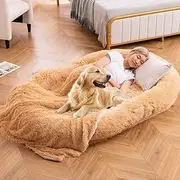 Costway Human Dog Bed, Washable Fluffy Faux Fur Nap Bed Fits Pets & People Adults Doze Off, Orthopedic Dog Bed w/Soft Blanket, Present Plump Pillow, Human-Sized Giant Calming Dog Bed (Brown)