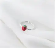 Tiny Green Leaves Red Strawberry Silver Enamel Adjustable Band Ring
