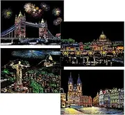 Scratch Off Paint Kit, Scratch Off Painting Kit - Scratchboard Painting Landscape with Rainbow Engraving 4 Sheets,Engraving Art Set for Adults and Children, Drawing Card A