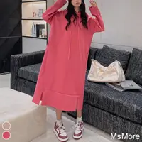在飛比找momo購物網優惠-【MsMore】韓版寬鬆大碼粉嫩佳人純色長袖連帽棉T連身裙休