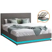 Oikiture Bed Frame Queen Double King Size RGB LED Gas Lift Base Storage Grey