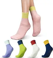 [XiaoKJ] 5 Pairs Grip Pilates Socks with Grip for Women, Solid Non Slip Yoga Athletic Socks Grippy Ankle for Barre, Ballet, Workout, Elderly, Hospital, Gifts, Multi, 5-9