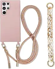 Samsung Galaxy S25 Ultra Case with Strap, Mobile Phone Lanyard Case with Bracelet, Necklace Case with Cord Nylon Shoulder Strap, Silicone Protective Case for Hanging, Shockproof, Sand Rose