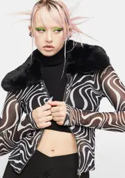 [Another Girl] Removable Fur Trim Mesh Swirl Top