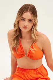 Orange Plisse Bralet Ring Detail - Size 12, Women's Crop Top