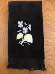 Embroidered Fingertip Towel w/ Violet Design on 100% Cotton Black Velour Terry