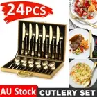 24pcs Kitchen Gold Stainless Steel Cutlery Set Fork Knife Spoon Gift with Box