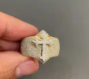 1.80Ct Round Cut Real MOISSANITE Cross Ring 14K Yellow Gold Plated 925 Silver