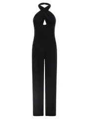 [Norma Kamali] Norma Kamali-Cross Halter Straight Leg Tute Intere Nero-Donna L