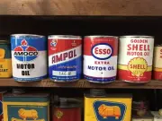 Ampol Amaco Esso Shell Motor Oil Cans + 4 10.5cm Vintage Retro Man Cave Garage