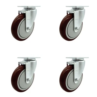 5 Inch SS Maroon Polyurethane Wheel Swivel Top Plate Caster Set Service Caster