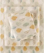 True North by Sleep Philosophy Cozy Flannel Warm 100% Cotton Sheet - Novelty Print Animals Stars Cute Ultra Soft Cold Weather Bedding Set, Queen, Multi Leaves 4 Piece