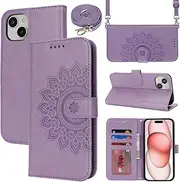 Cavor Crossbody Wallet for iPhone 15 6.1'' PU Leather Case Magnetic 3D Embossed Flower Women Flip Kickstand with Card Holder Shoulder Lanyard Protective Cover-Long Strap Flower Purple